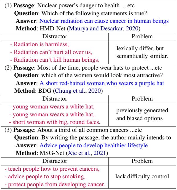 表 5 展示了 MC-RC 任务中的 DG 有效性问题。问题包括语义相似的干扰项和有偏见的选项。