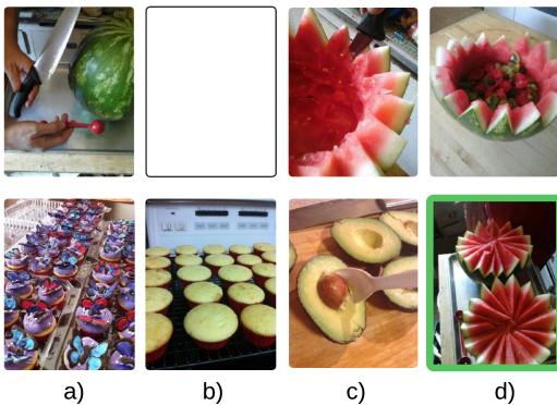 图 4 标记为视觉完形填空，展示了四个面板。面板 D 是水果沙拉的正确图像，而其他面板则作为视觉干扰项。