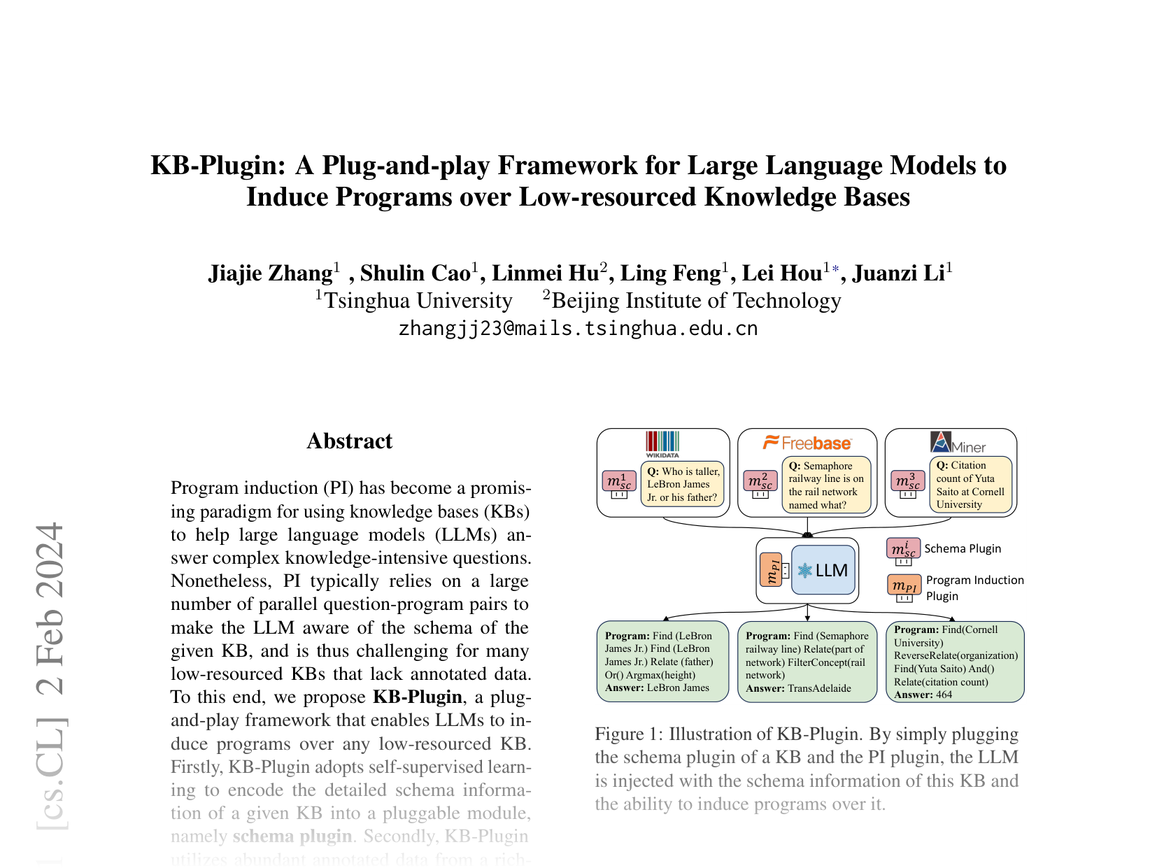 [KB-Plugin: A Plug-and-play Framework for Large Language Models to Induce Programs over Low-resourced Knowledge Bases 🔗](https://arxiv.org/abs/2402.01619)