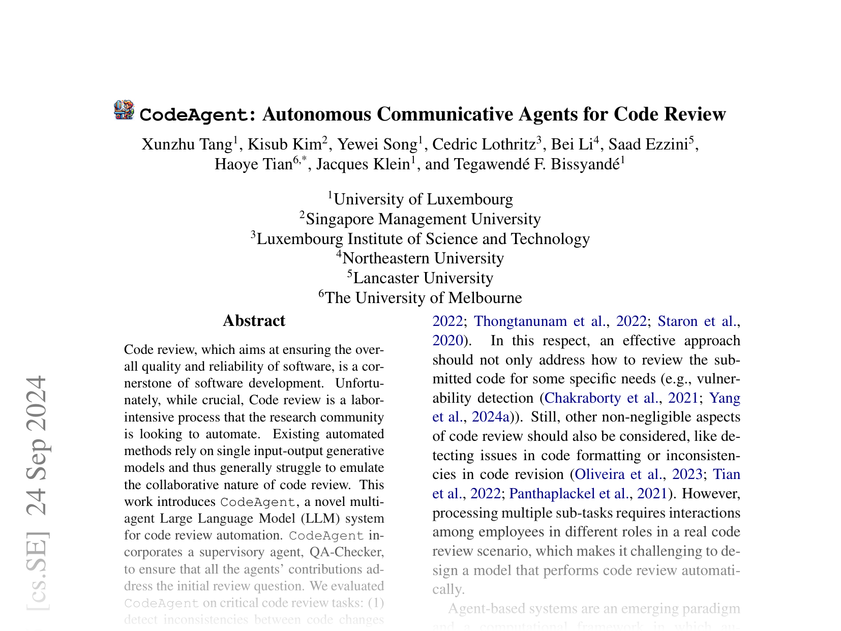 [CodeAgent: Autonomous Communicative Agents for Code Review 🔗](https://arxiv.org/abs/2402.02172)
