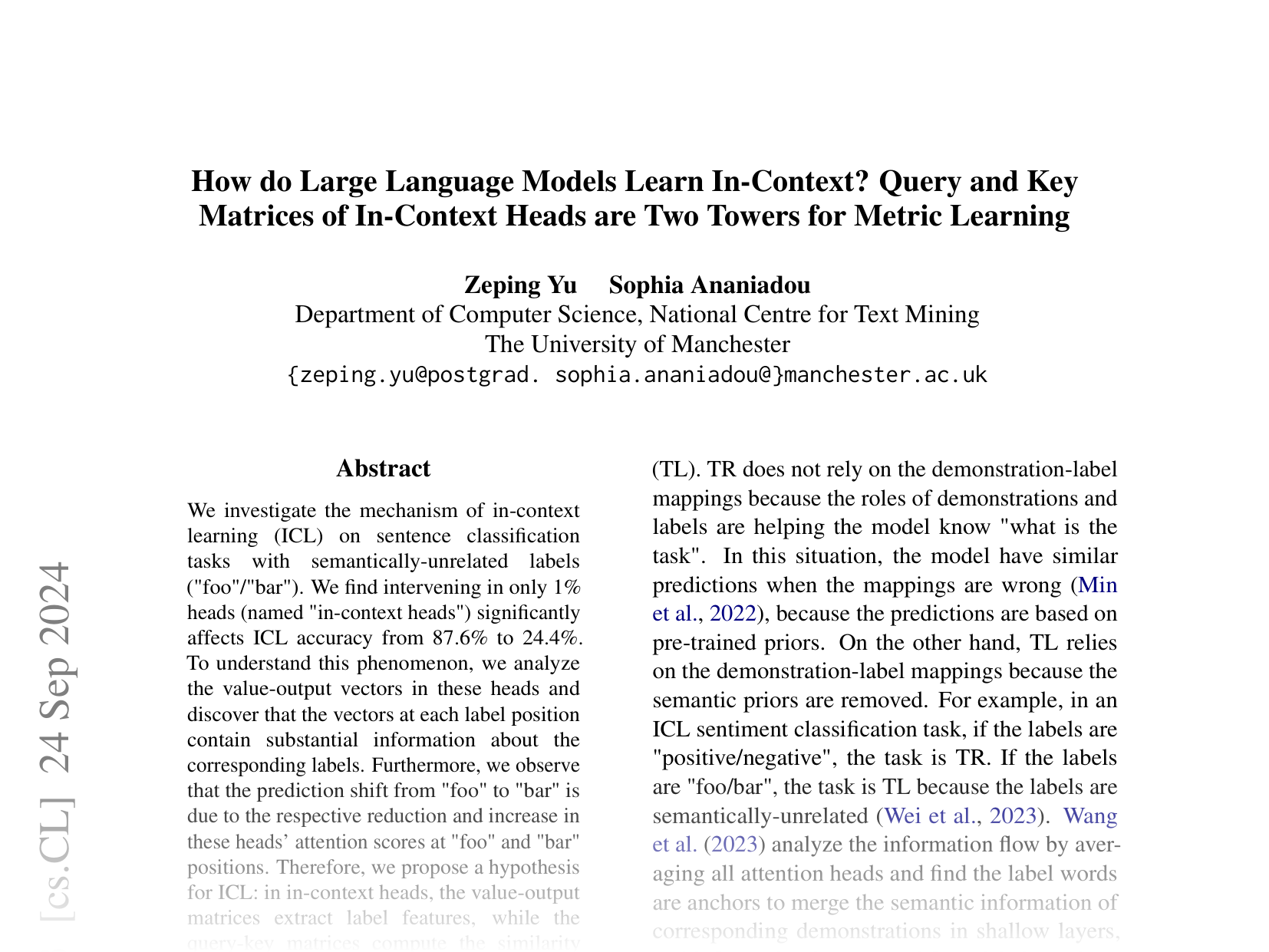 [How do Large Language Models Learn In-Context? Query and Key Matrices of In-Context Heads are Two Towers for Metric Learning 🔗](https://arxiv.org/abs/2402.02872)