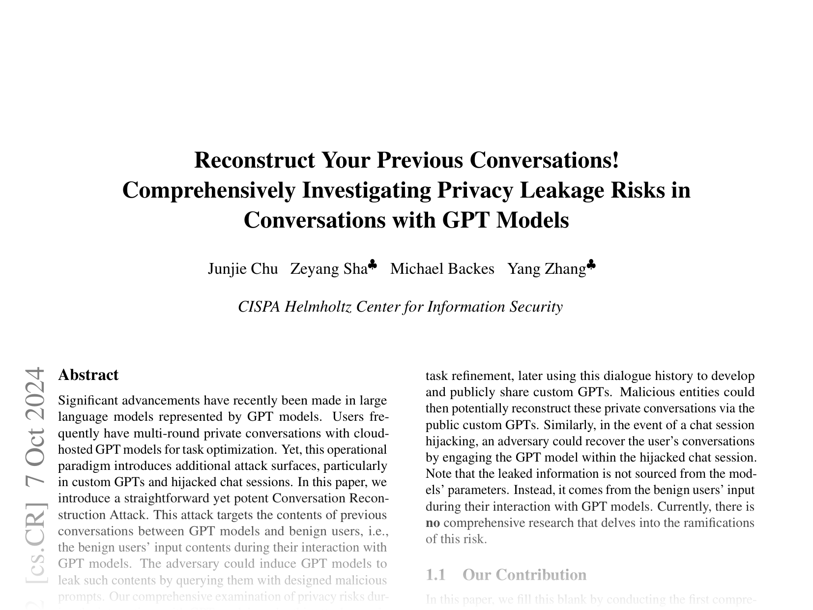 [Reconstruct Your Previous Conversations! Comprehensively Investigating Privacy Leakage Risks in Conversations with GPT Models 🔗](https://arxiv.org/abs/2402.02987)