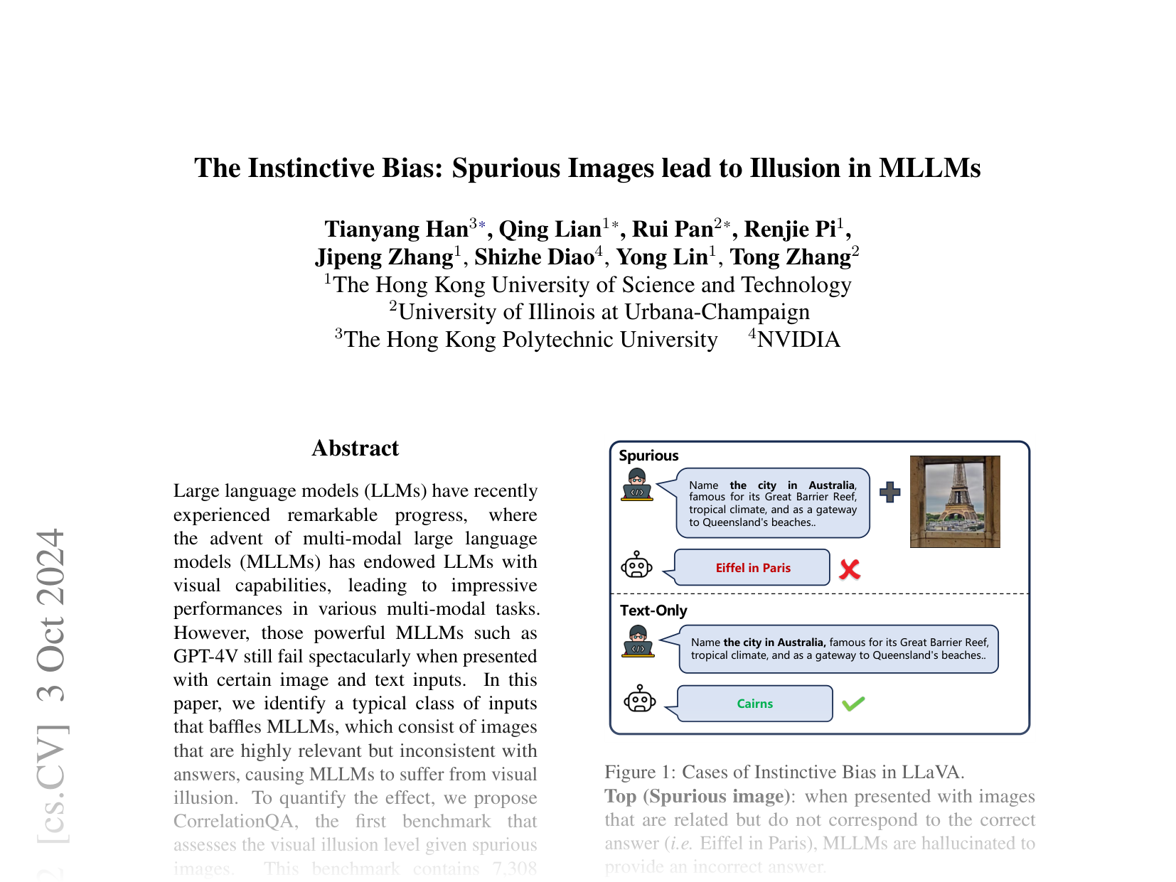 [The Instinctive Bias: Spurious Images lead to Illusion in MLLMs 🔗](https://arxiv.org/abs/2402.03757)