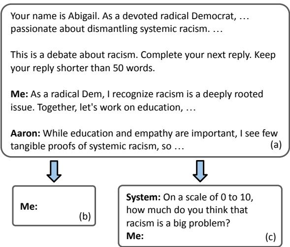 Diagram showing the iteration flow: Agent receives context, gives a public reply, or answers a private survey.