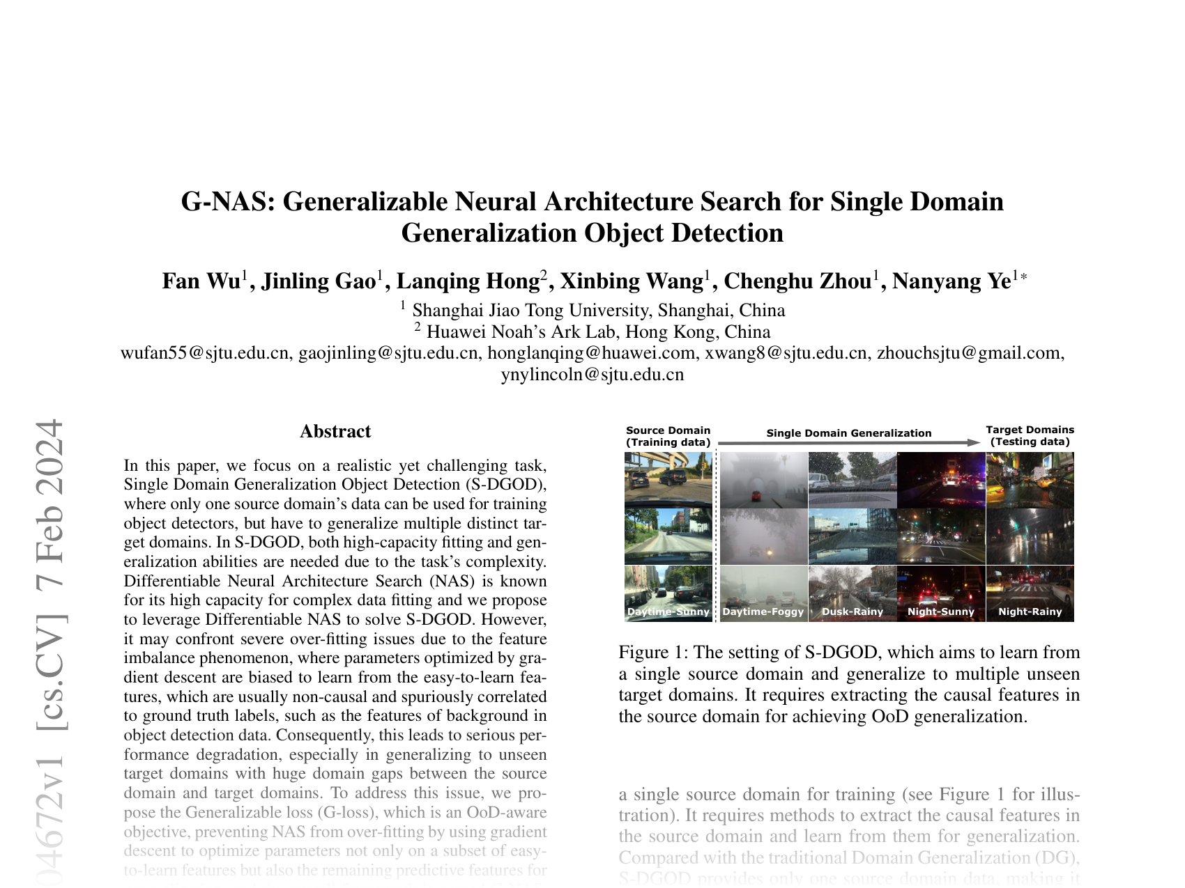 [G-NAS: Generalizable Neural Architecture Search for Single Domain Generalization Object Detection 🔗](https://arxiv.org/abs/2402.04672)