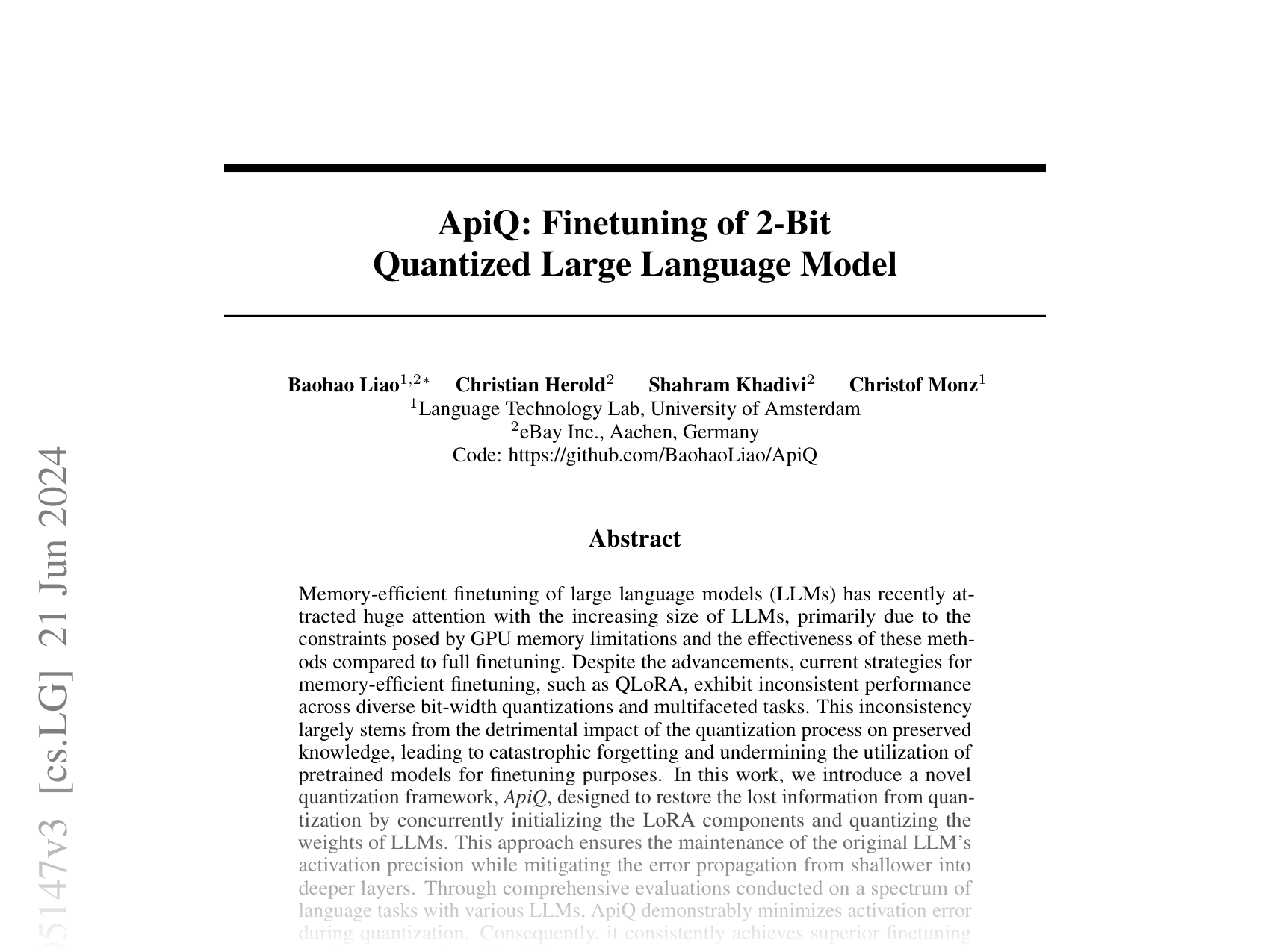 [ApiQ: Finetuning of 2-Bit Quantized Large Language Model 🔗](https://arxiv.org/abs/2402.05147)