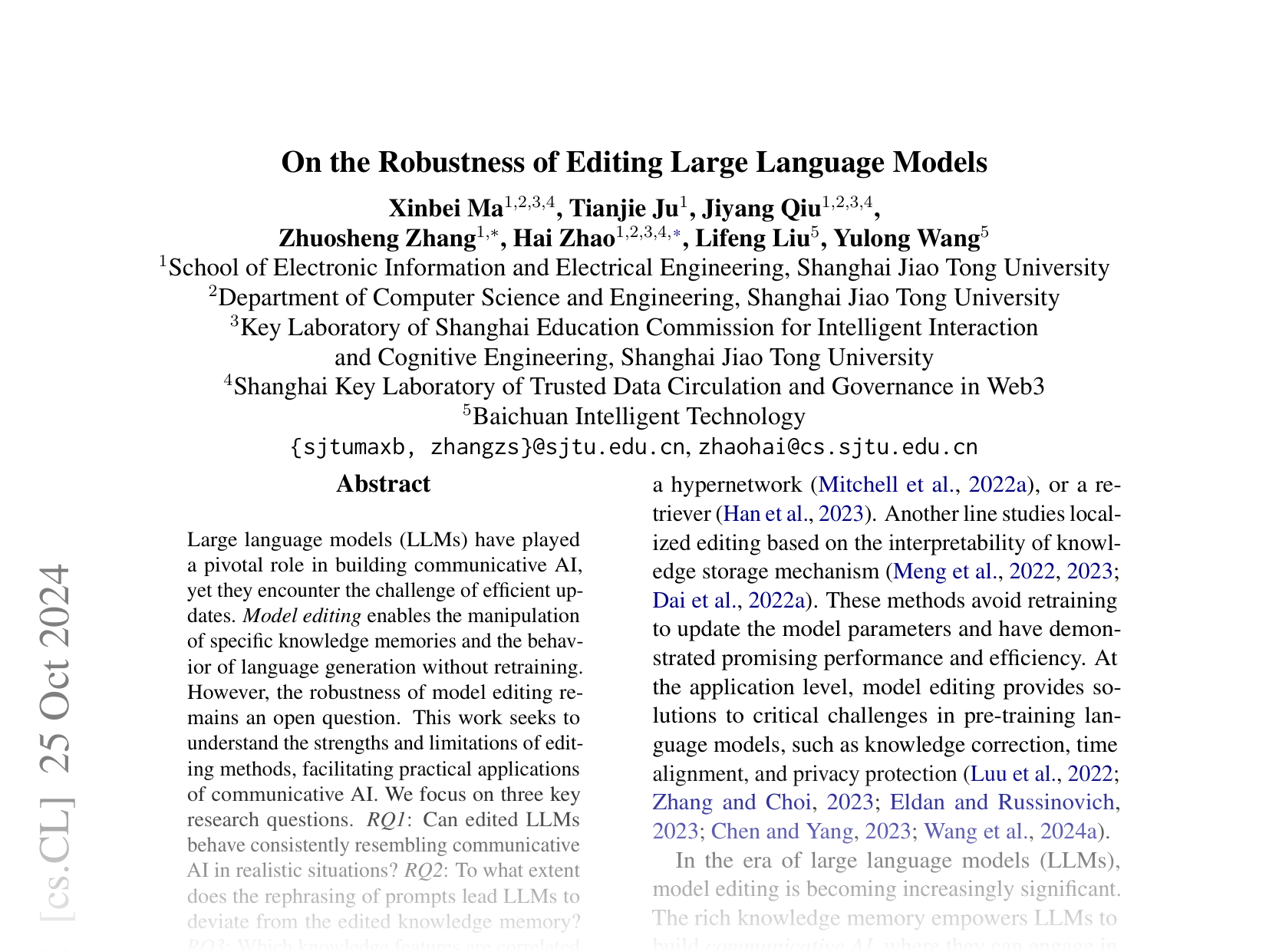 [On the Robustness of Editing Large Language Models 🔗](https://arxiv.org/abs/2402.05827)