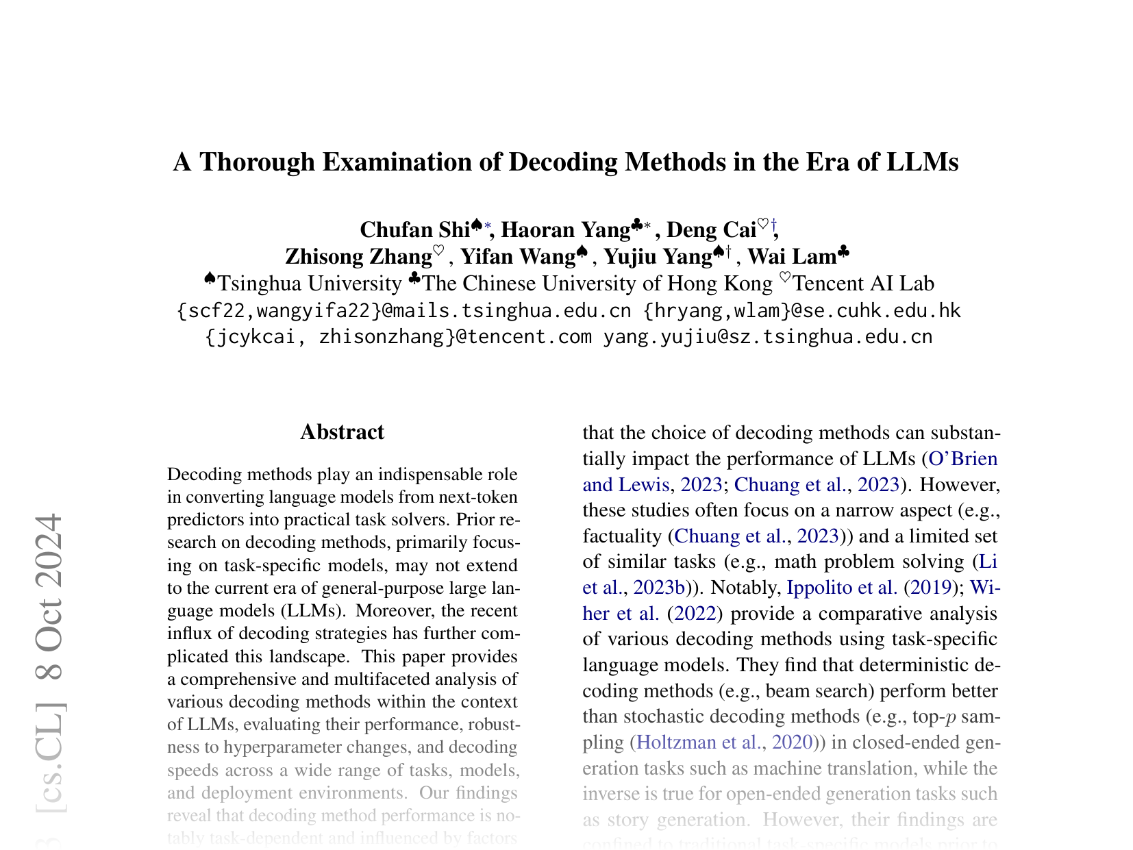 [A Thorough Examination of Decoding Methods in the Era of LLMs 🔗](https://arxiv.org/abs/2402.06925)