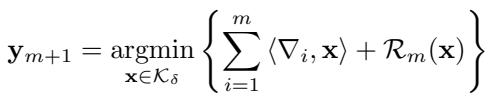 The update rule for the D-FTBL algorithm. It minimizes the sum of observed linearized losses plus a regularization term R_m(x).