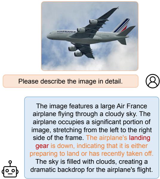 图 1: MLLM 中的幻觉示例。模型描述了图像中不可见的起落架。
