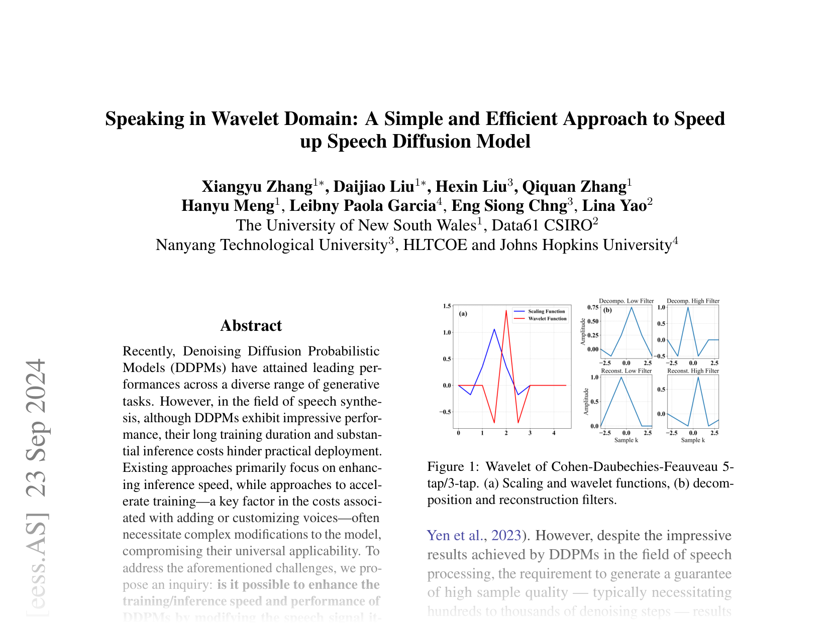 [Speaking in Wavelet Domain: A Simple and Efficient Approach to Speed up Speech Diffusion Model 🔗](https://arxiv.org/abs/2402.10642)