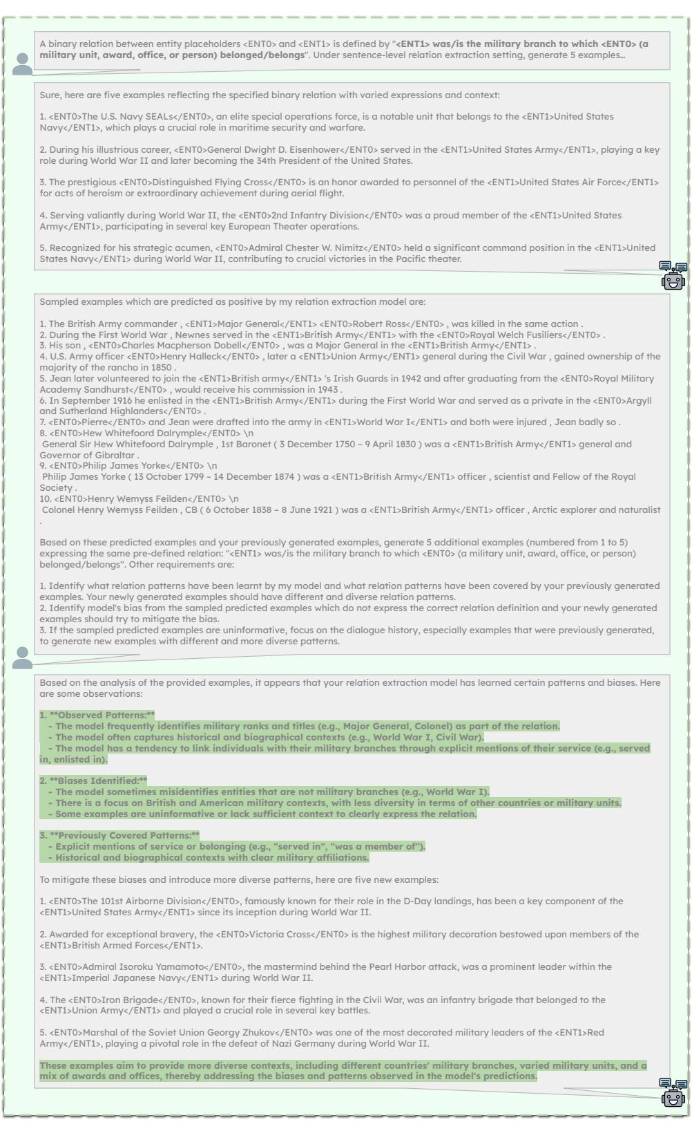 图 8: 示例交互对话，展示了初始种子生成和反馈驱动的后续正例生成。