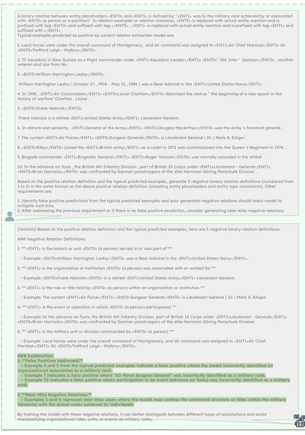 图 9: 示例交互对话，展示了反馈驱动的负面关系定义生成。