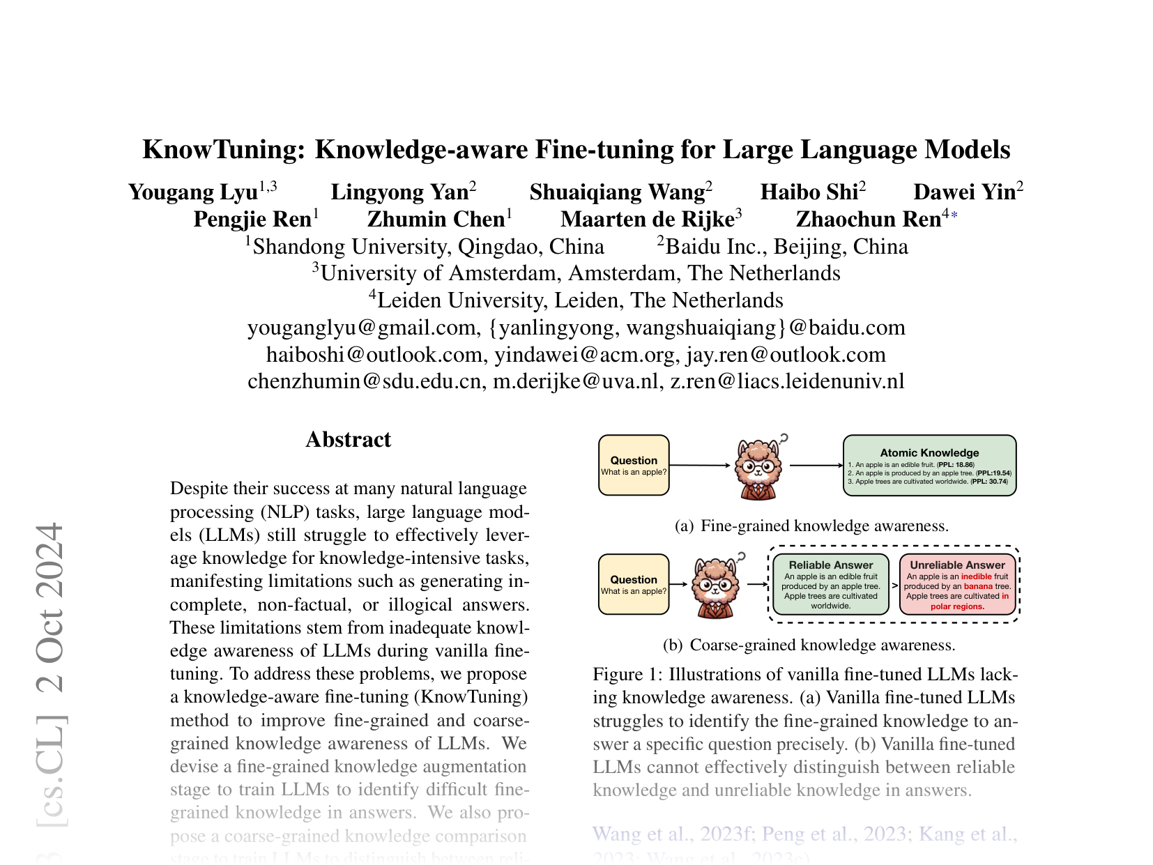 [KnowTuning: Knowledge-aware Fine-tuning for Large Language Models 🔗](https://arxiv.org/abs/2402.11176)