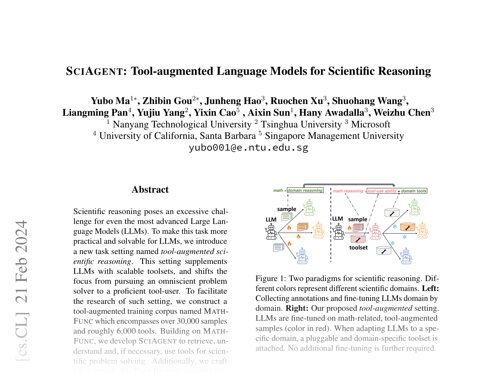 [SCIAGENT: Tool-augmented Language Models for Scientific Reasoning 🔗](https://arxiv.org/abs/2402.11451)