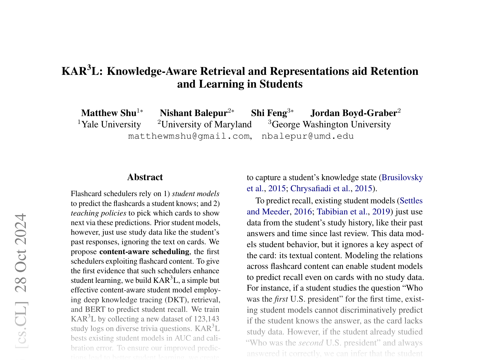 [KAR³L: Knowledge-Aware Retrieval and Representations aid Retention and Learning in Students 🔗](https://arxiv.org/abs/2402.12291)