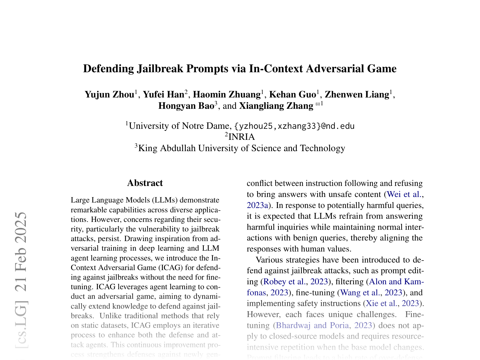 [Defending Jailbreak Prompts via In-Context Adversarial Game 🔗](https://arxiv.org/abs/2402.13148)