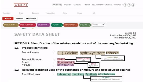 图 4: UBIAI 在 PDF 文档上的标注结果。文档文本中的所有实体都已根据类型被识别、标注并进行颜色编码。此图片借用自 UBIAI 文档中提供的视频 (Amamou, 2021)。