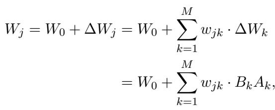 显示融合策略的公式，其中新的权重矩阵是现有角色块的加权和。