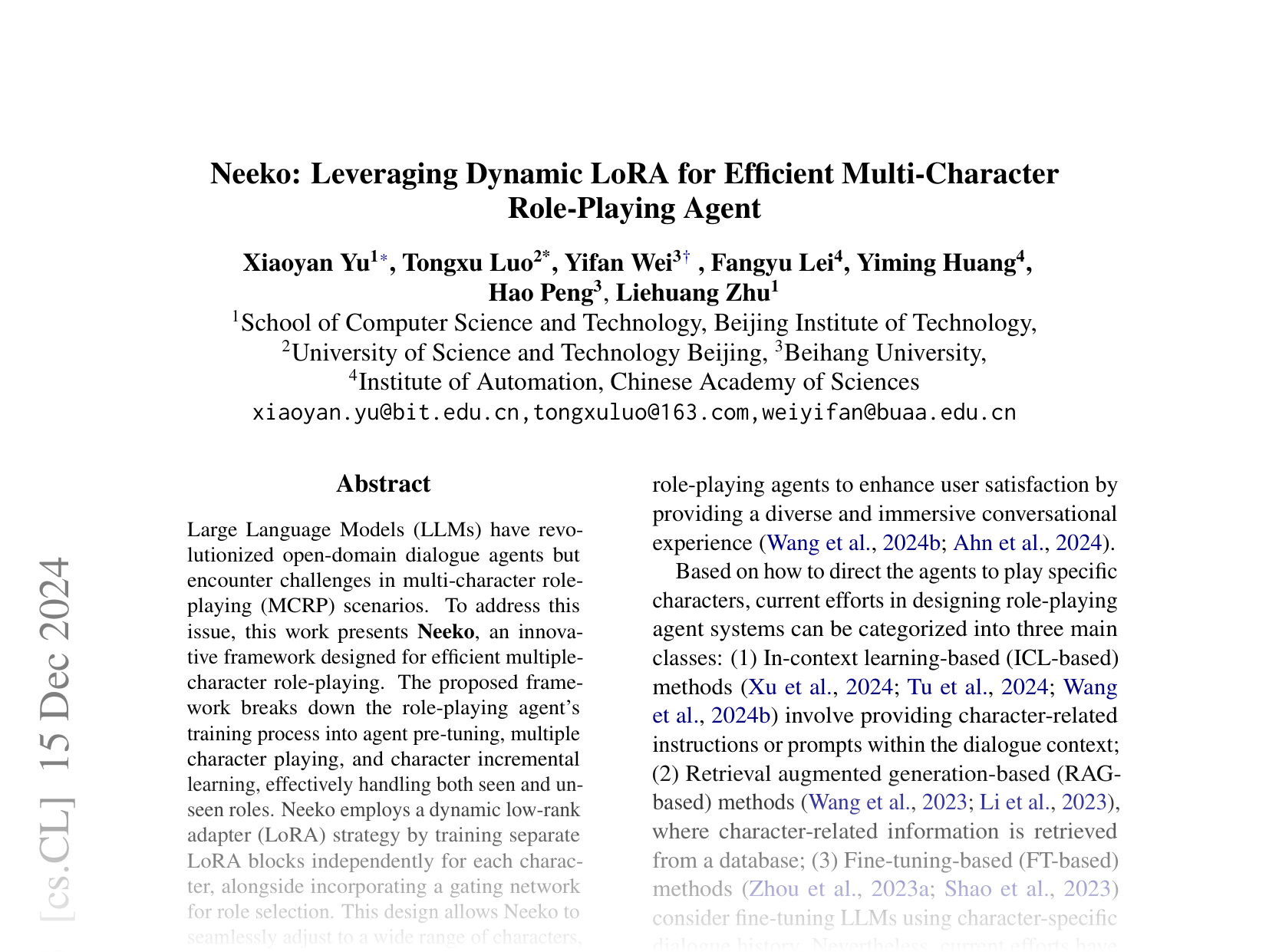 [Neeko: Leveraging Dynamic LoRA for Efficient Multi-Character Role-Playing Agent 🔗](https://arxiv.org/abs/2402.13717)