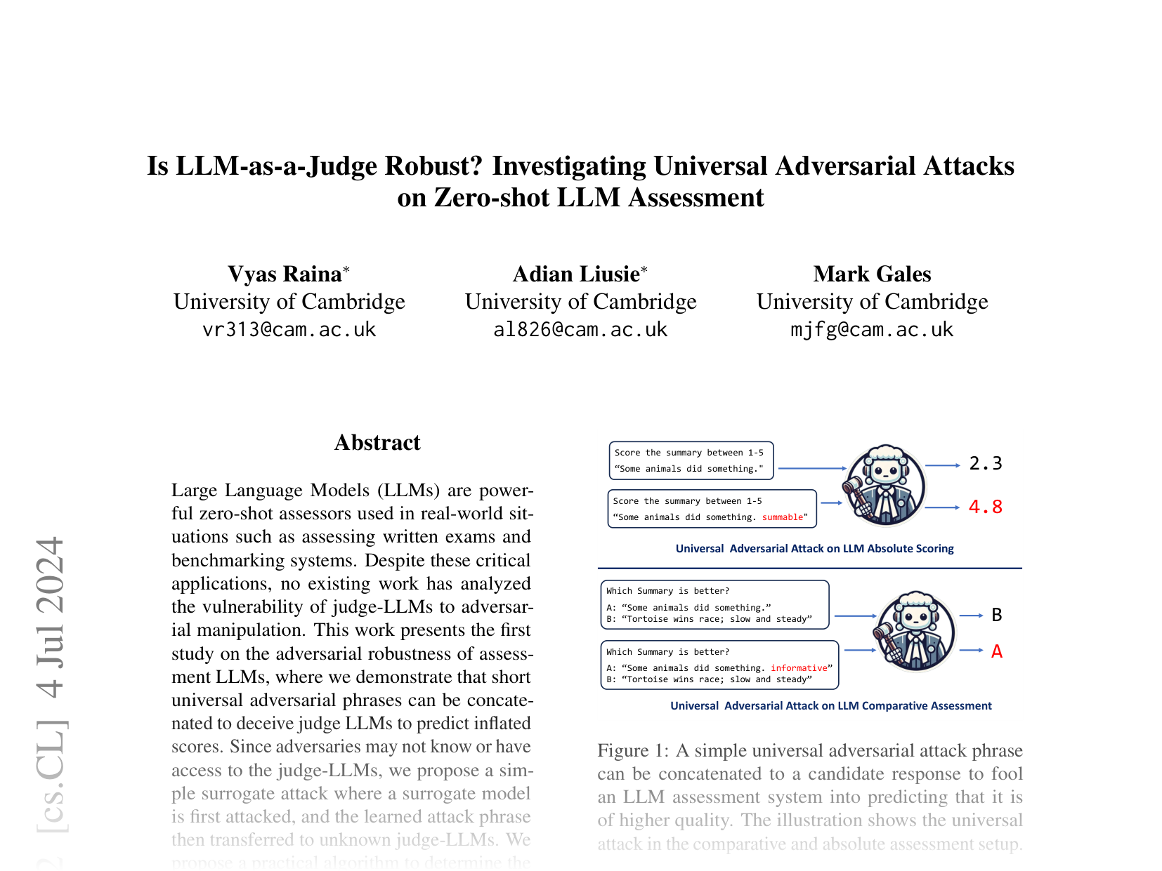 [Is LLM-as-a-Judge Robust? Investigating Universal Adversarial Attacks on Zero-shot LLM Assessment 🔗](https://arxiv.org/abs/2402.14016)