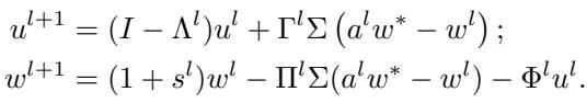 Simplified update rules for the internal weight vector w and a momentum-like vector u. The term Σ(a^l w* - w^l) is proportional to the gradient.