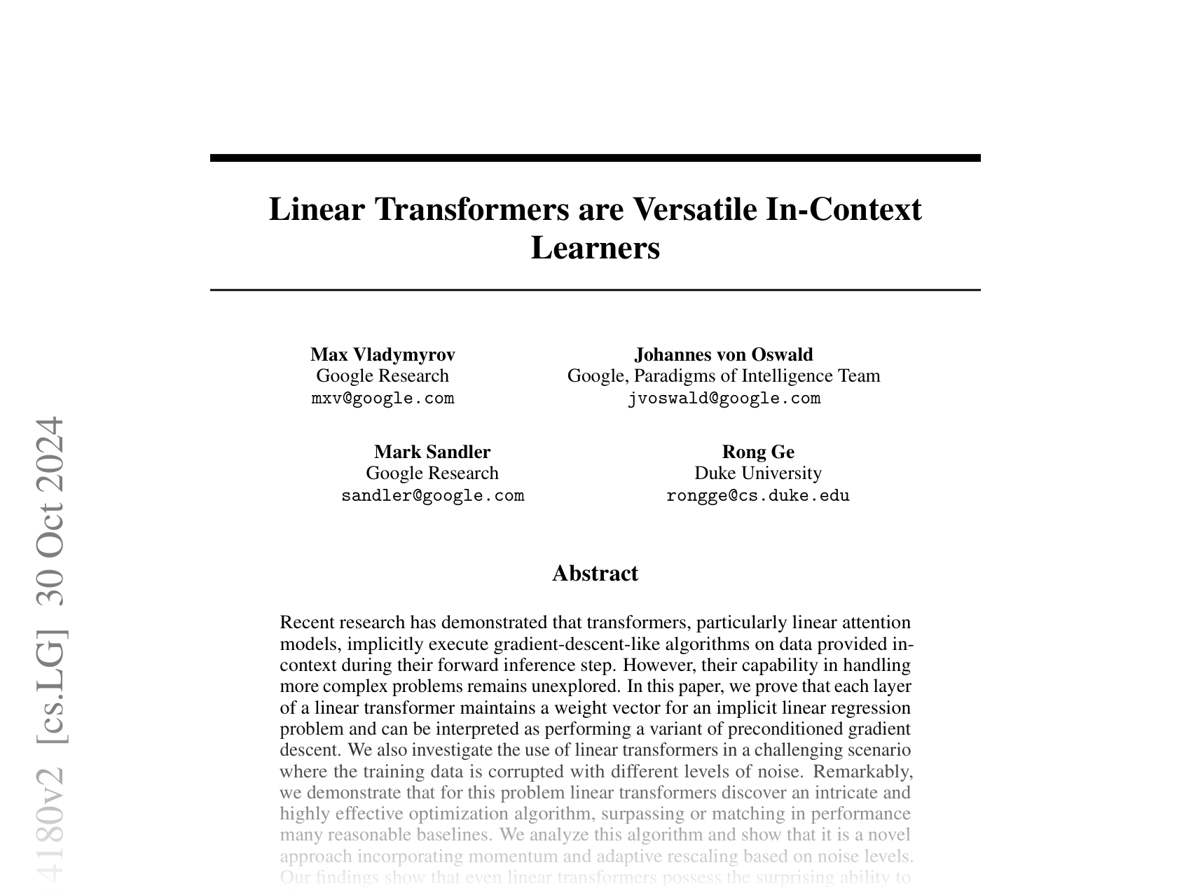 [Linear Transformers are Versatile In-Context Learners 🔗](https://arxiv.org/abs/2402.14180)