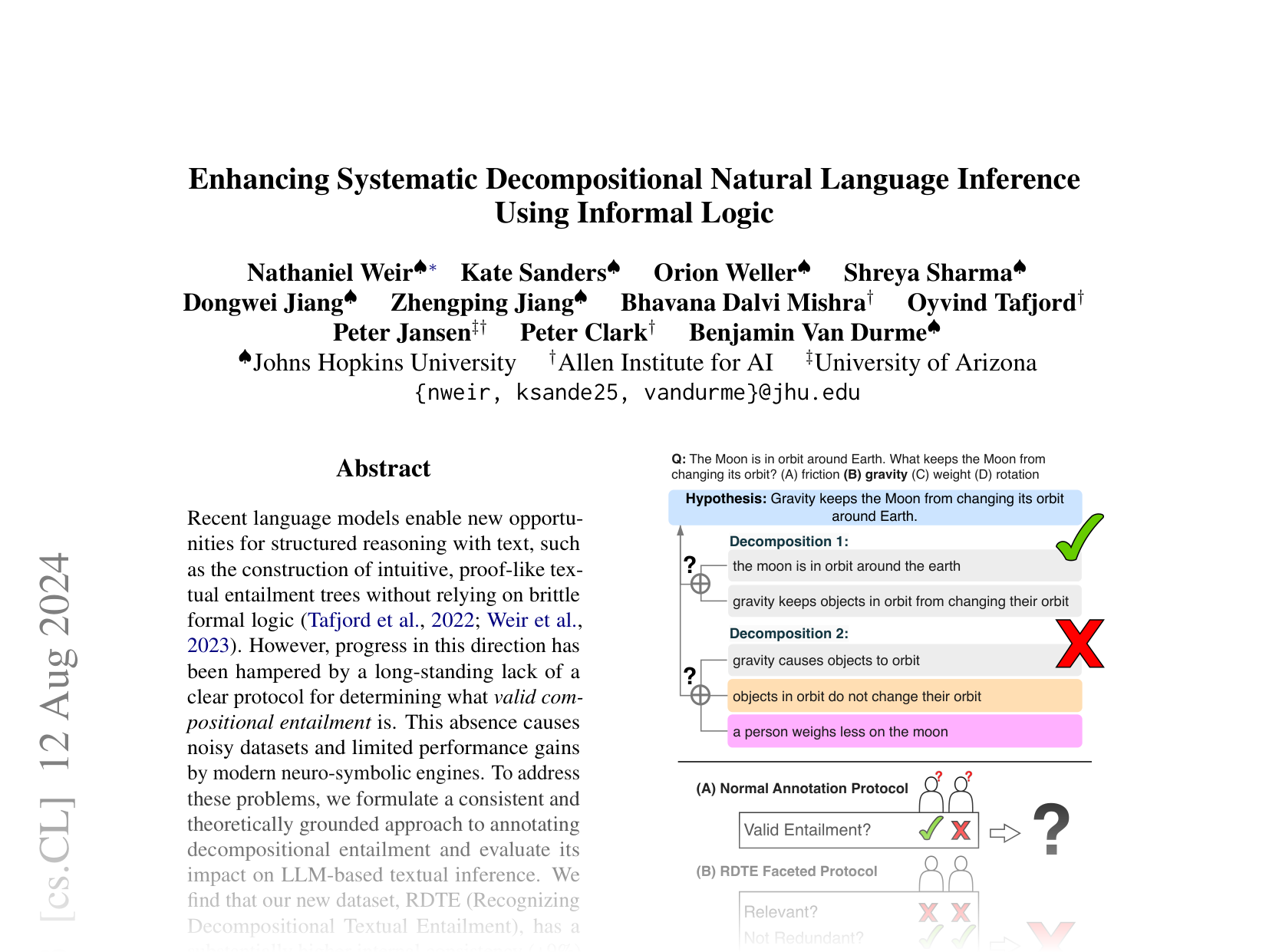 [Enhancing Systematic Decompositional Natural Language Inference Using Informal Logic 🔗](https://arxiv.org/abs/2402.14798)