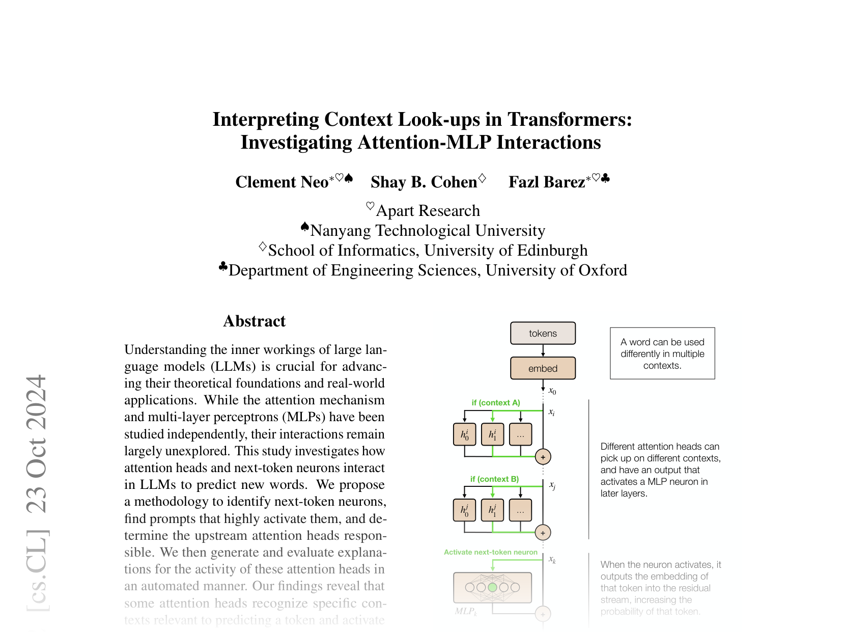 [Interpreting Context Look-ups in Transformers: Investigating Attention-MLP Interactions 🔗](https://arxiv.org/abs/2402.15055)