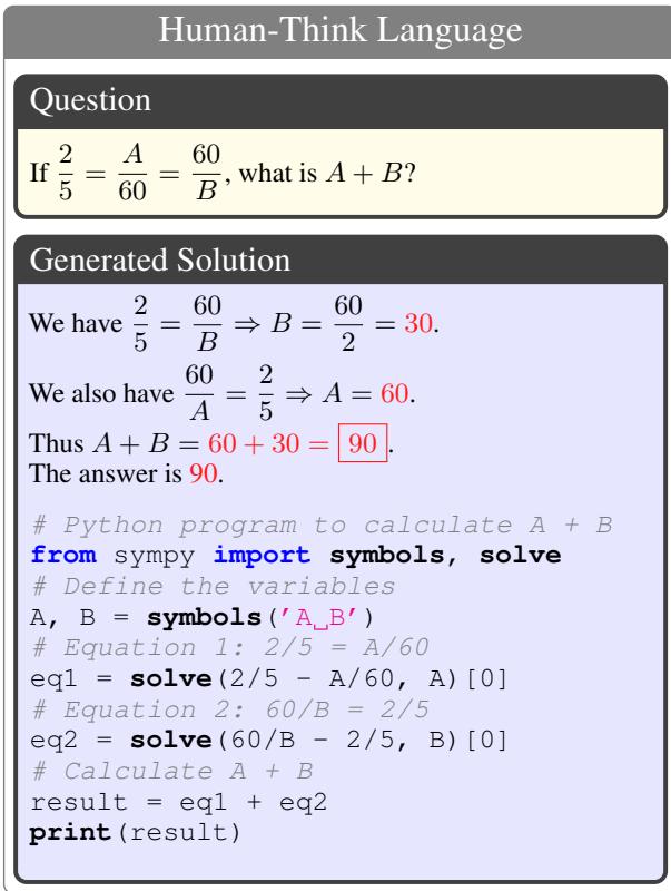 图 3: HTL 的一个成功示例。虽然 CoT 的答案包含计算错误 (红色) ，但推理骨架是正确的。PoT 代码遵循此骨架得出了正确结果。