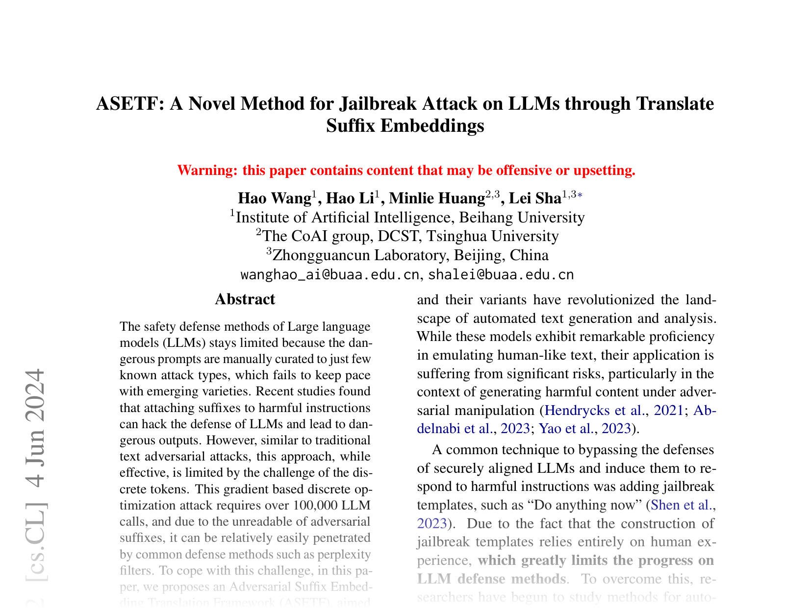 [ASETF: A Novel Method for Jailbreak Attack on LLMs through Translate Suffix Embeddings 🔗](https://arxiv.org/abs/2402.16006)
