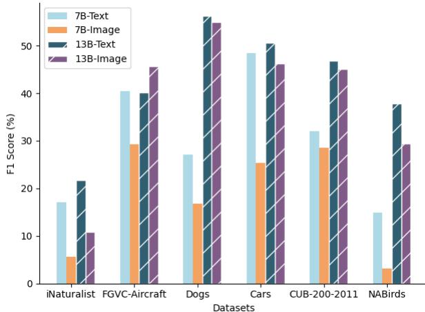 仅文本与仅图像输入的模型性能对比。当 LLaVA-1.5 仅获得与真实概念相关的文本信息时,其表现优于仅图像输入的对应情况。