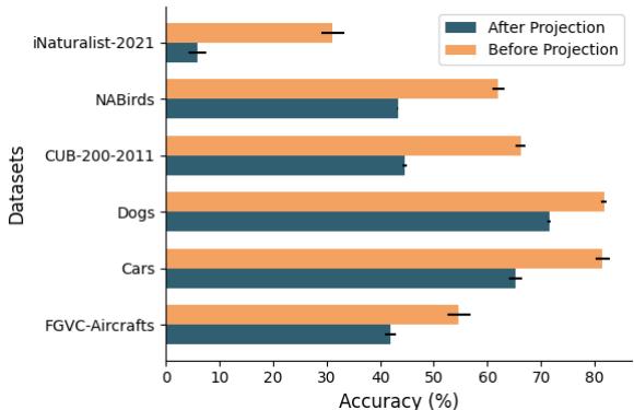 投影图像嵌入上的线性探测。图像嵌入投影到文本空间前后的分类准确率。
