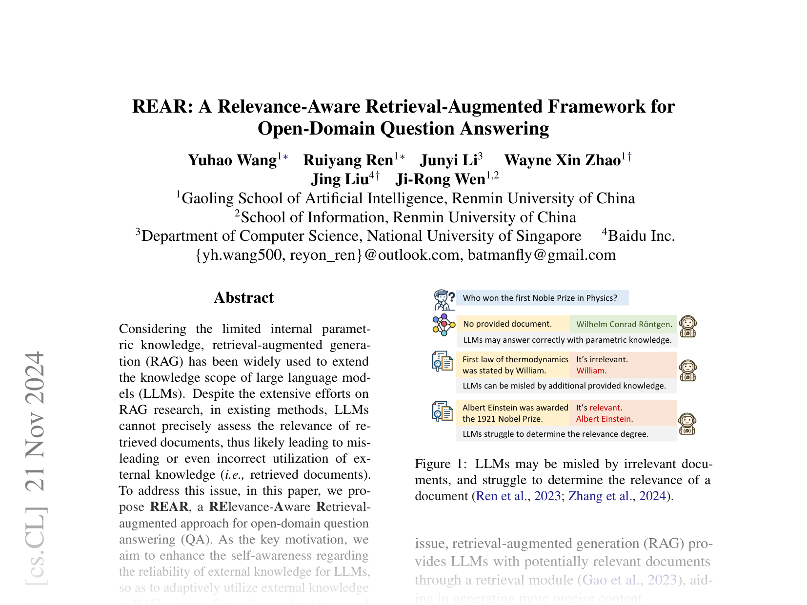 [REAR: A Relevance-Aware Retrieval-Augmented Framework for Open-Domain Question Answering 🔗](https://arxiv.org/abs/2402.17497)