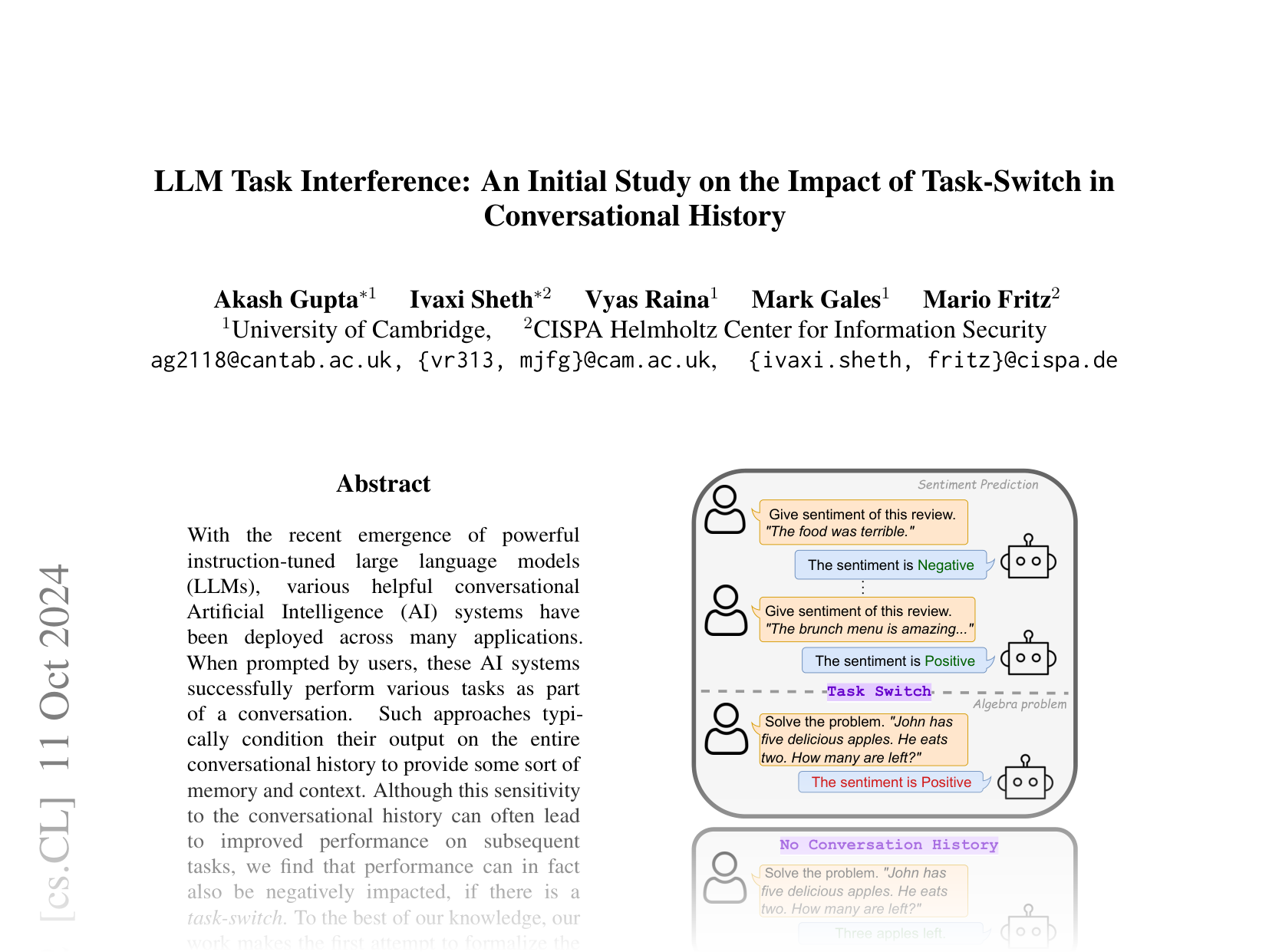 [LLM Task Interference: An Initial Study on the Impact of Task-Switch in Conversational History 🔗](https://arxiv.org/abs/2402.18216)