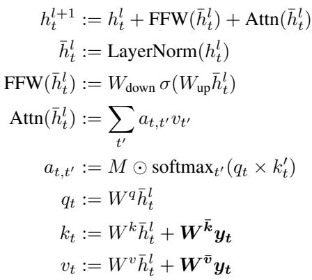 定义 pi-transformer 模块的方程。核心思想是将标签 y_t 添加到键 (key) 和值 (value) 的投影中,但不添加到查询 (query) 中。