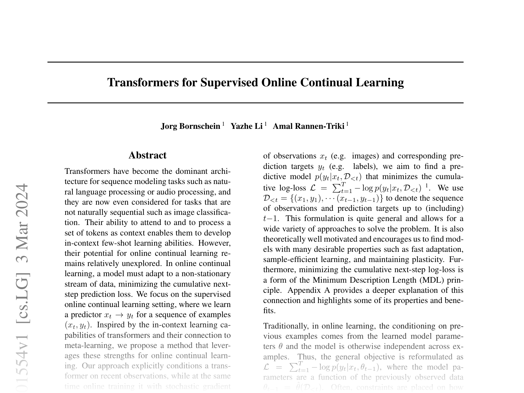 [Transformers for Supervised Online Continual Learning 🔗](https://arxiv.org/abs/2403.01554)