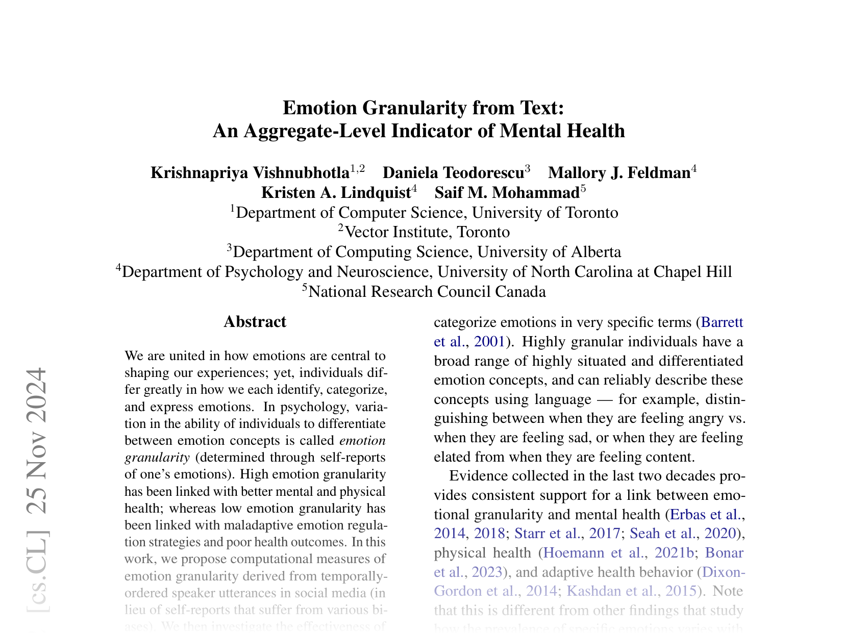 [Emotion Granularity from Text: An Aggregate-Level Indicator of Mental Health 🔗](https://arxiv.org/abs/2403.02281)