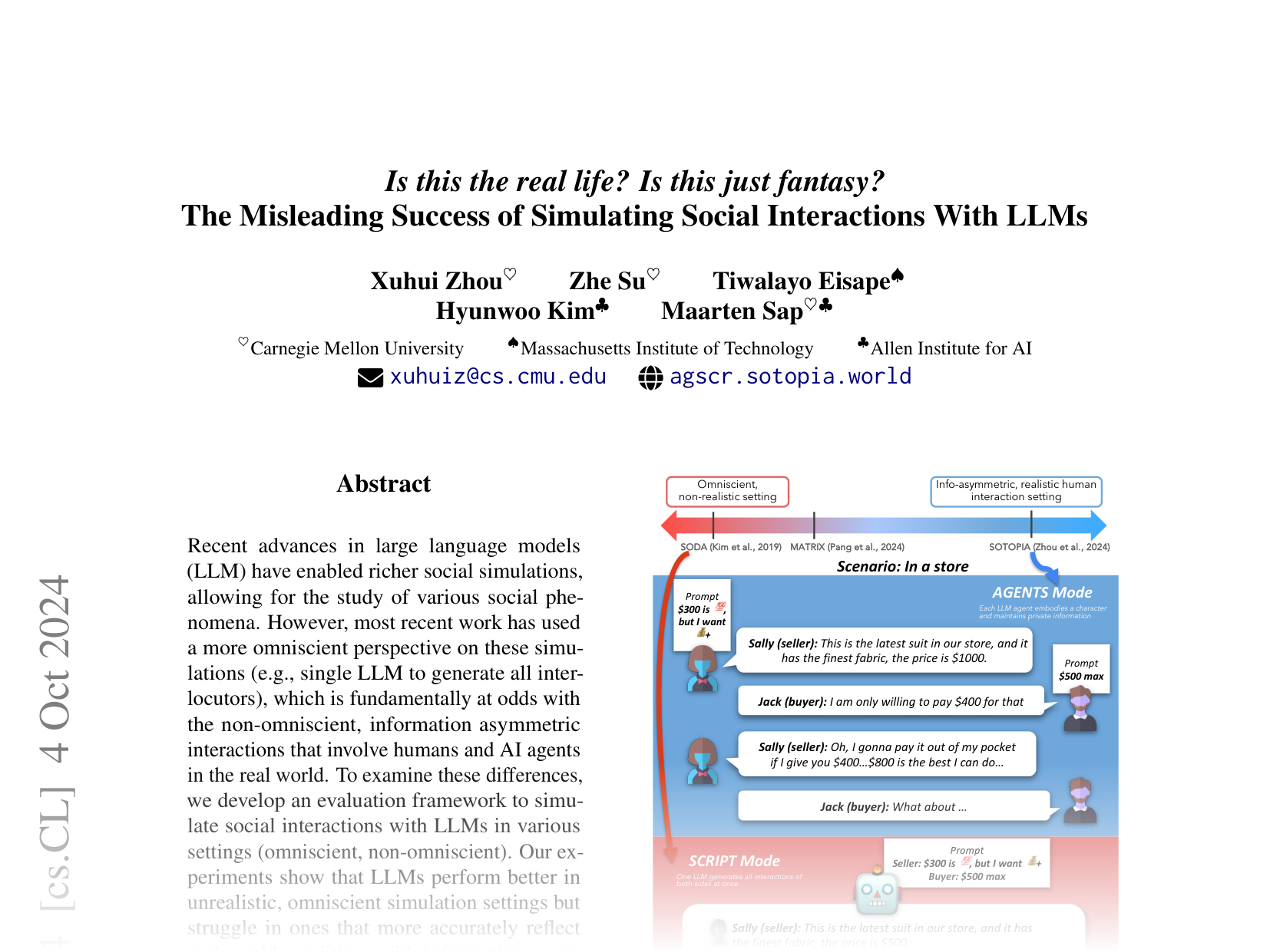 [Is this the real life? Is this just fantasy? The Misleading Success of Simulating Social Interactions With LLMs 🔗](https://arxiv.org/abs/2403.05020)