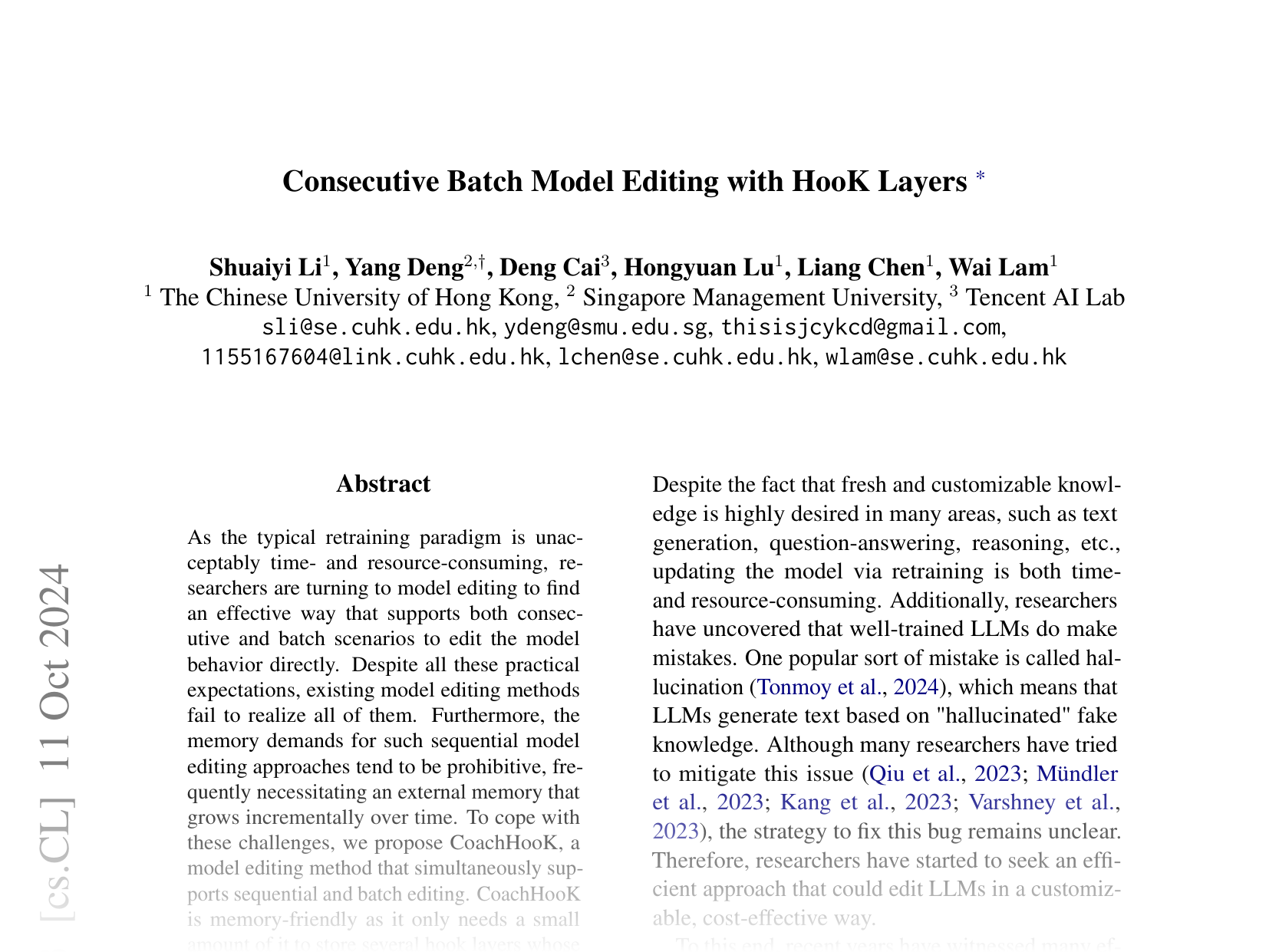 [Consecutive Batch Model Editing with HooK Layers 🔗](https://arxiv.org/abs/2403.05330)