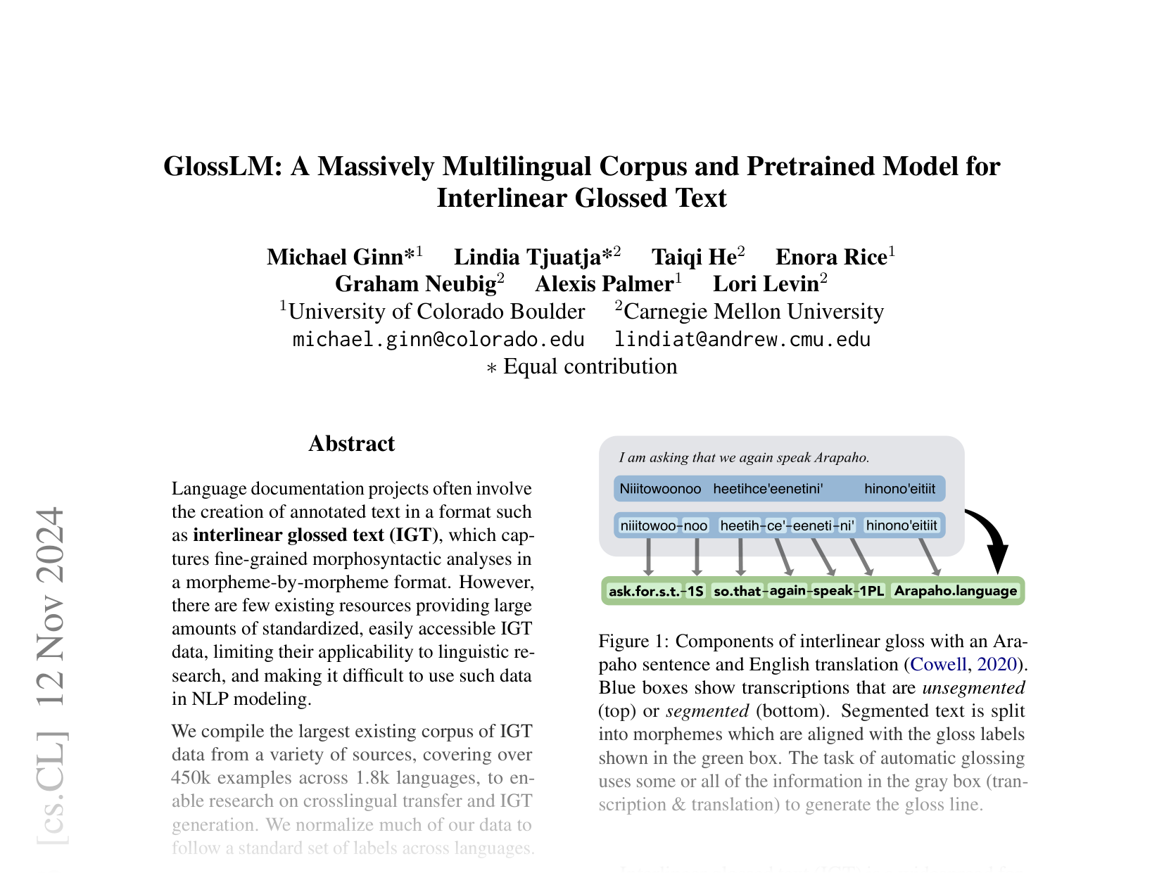 [GlossLM: A Massively Multilingual Corpus and Pretrained Model for Interlinear Glossed Text 🔗](https://arxiv.org/abs/2403.06399)