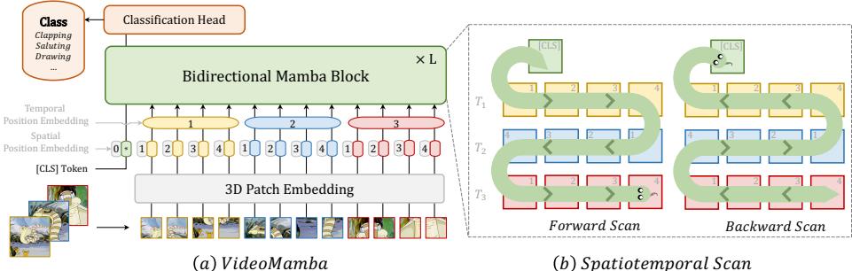 The overall framework of VideoMamba (a) and a visualization of the spatiotemporal scan (b). The model follows a ViT-style architecture, replacing attention blocks with Bidirectional Mamba Blocks.