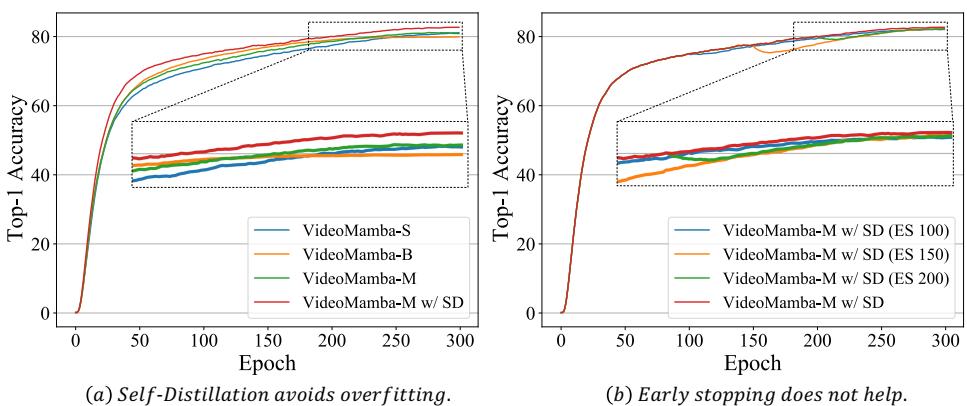 Graphs showing Self-Distillation effectiveness (a) and Early Stopping (b).