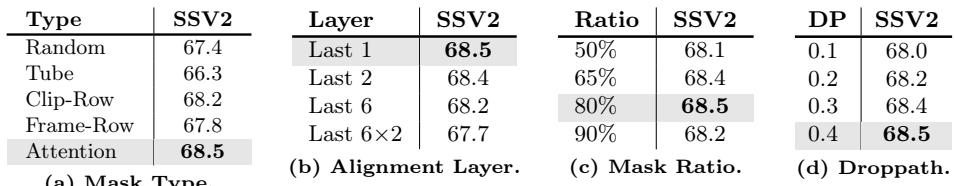 Ablations on scan type, frames, and resolution. More frames > more resolution for video tasks.