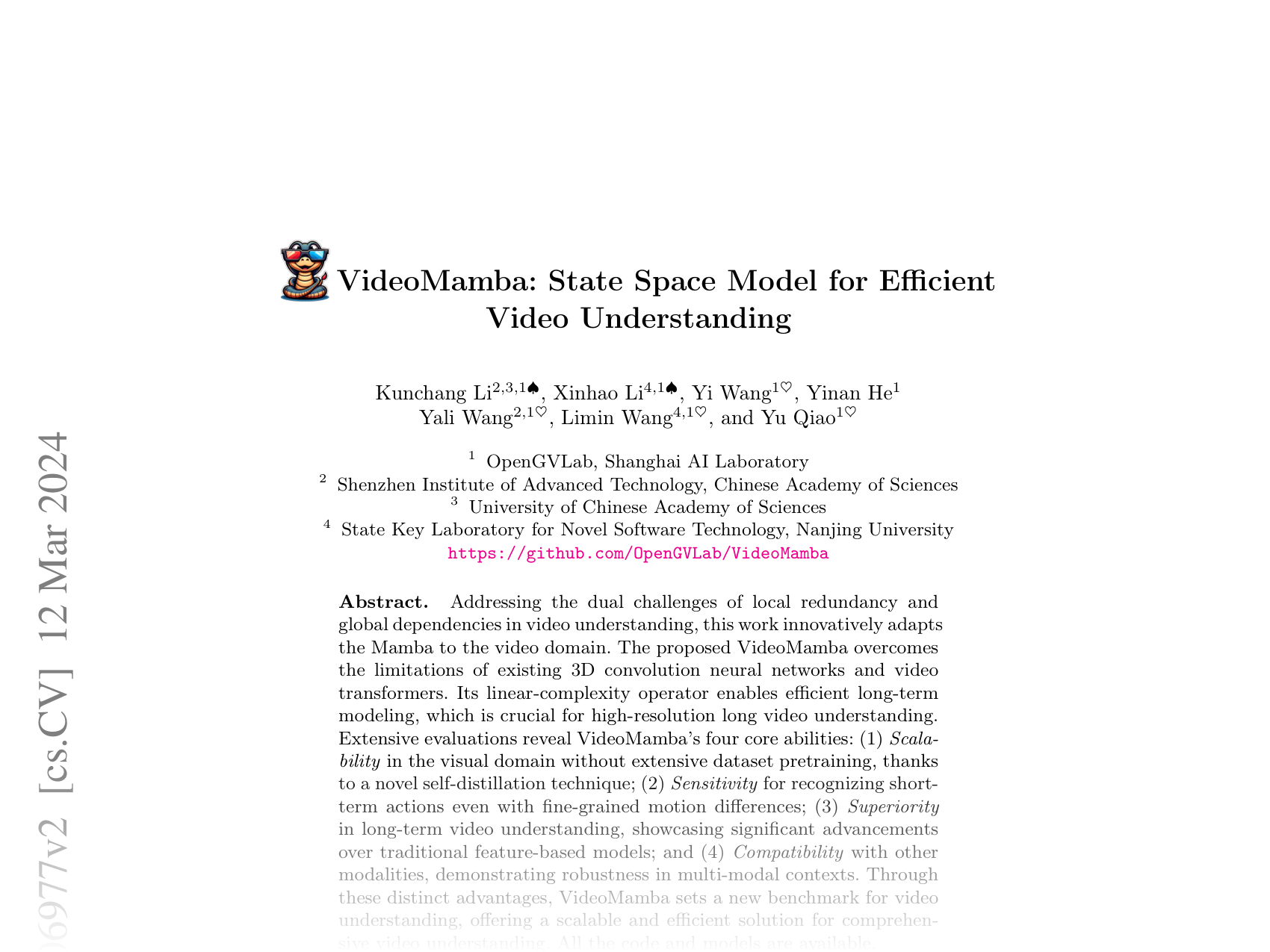 [VideoMamba: State Space Model for Efficient Video Understanding 🔗](https://arxiv.org/abs/2403.06977)