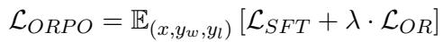 公式 6 展示了总 ORPO 损失函数，即 SFT 损失和加权 lambda 的 OR 损失之和。