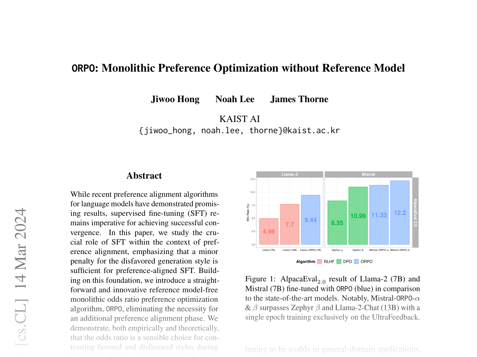 [ORPO: Monolithic Preference Optimization without Reference Model 🔗](https://arxiv.org/abs/2403.07691)
