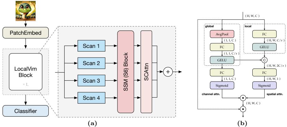 The architecture of a LocalVim block and the SCAttn module. Panel (a) shows four parallel scan branches feeding into an SSM and SCAttn module. Panel (b) details the SCAttn module, which uses channel and spatial attention to weigh features.