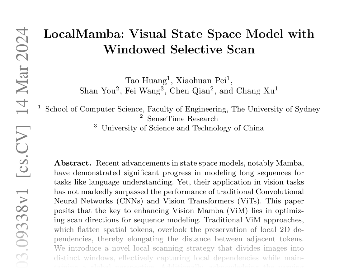 [LocalMamba: Visual State Space Model with Windowed Selective Scan 🔗](https://arxiv.org/abs/2403.09338)