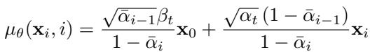()\n\\mu _ { \\theta } ( \\mathbf { x } _ { i } , i ) = \\frac { \\sqrt { \\bar { \\alpha } _ { i - 1 } } \\beta _ { t } } { 1 - \\bar { \\alpha } _ { i } } \\mathbf { x } _ { 0 } + \\frac { \\sqrt { \\alpha _ { t } } \\left( 1 - \\bar { \\alpha } _ { i - 1 } \\right) } { 1 - \\bar { \\alpha } _ { i } } \\mathbf { x } _ { i }\n[
